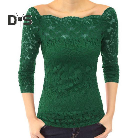 Bluzki damskie z kołnierzykiem skośnym, długimi rękawami, koronkowa koszula, koronkowe łączenie, jednolity kolor, dopasowany krój, haftowane koronkowe kwiatki