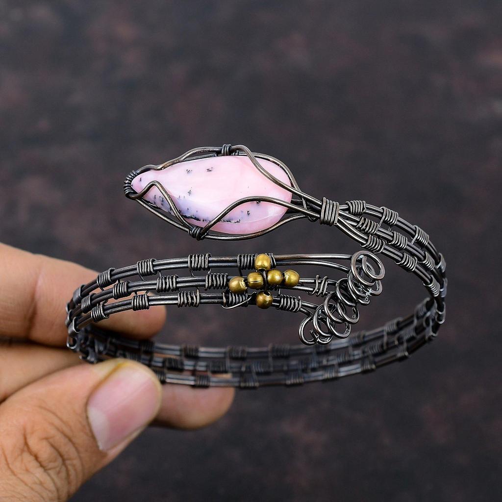 Pink Opal Bangle Copper Wire Wrapped Cuff Bracelet Adjustable Bangle Copper Wire Jewelry Real Gemstone Bangle Gift For Mom Handmade Bracelet