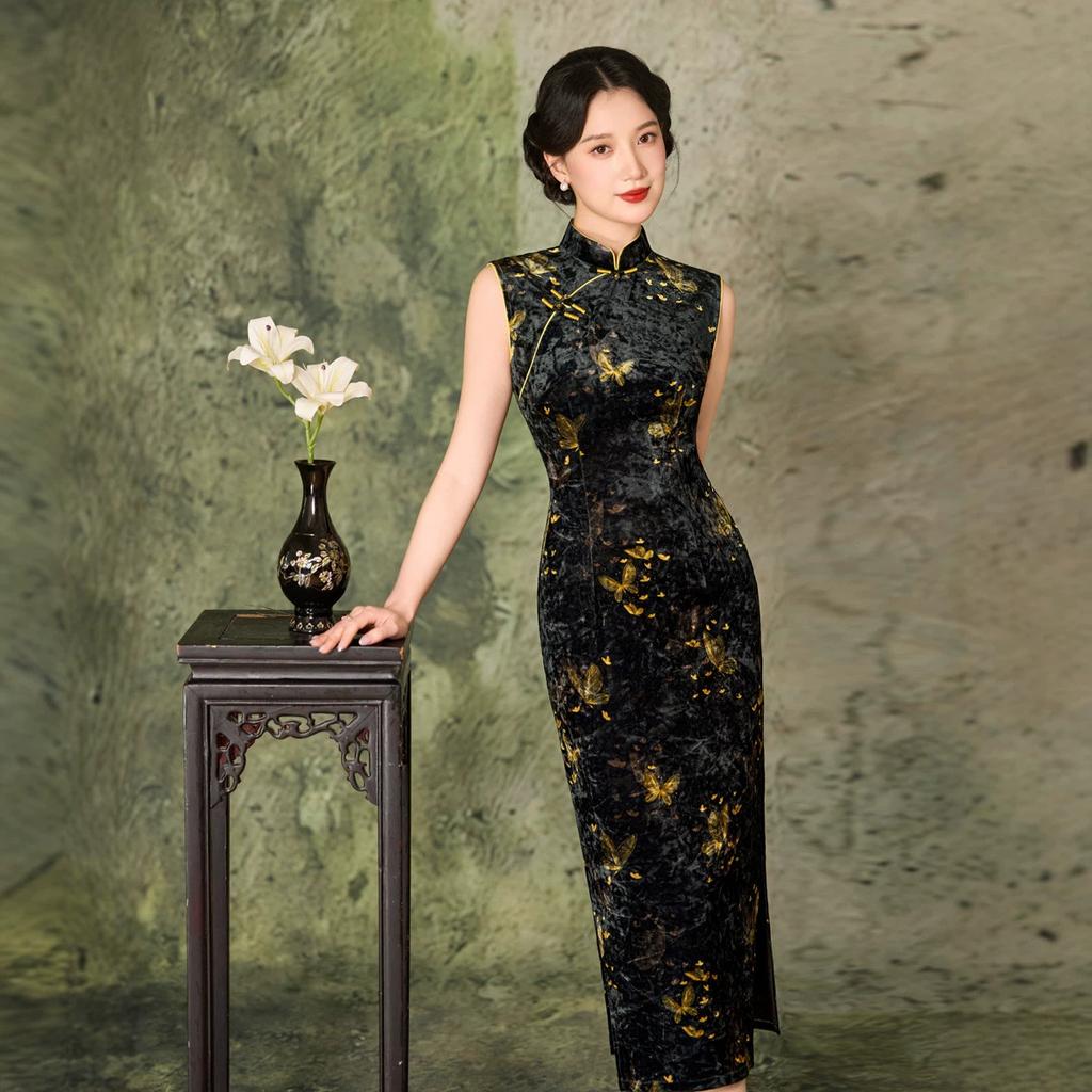 1011 autumn new black printed sleeveless retro cheongsam improved new Chinese style daily wear butterfly slim fit