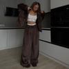 Womens Streetwear Casual 2-Piece Set Long Sleeve Zip-Up Knit Top Elastic Waist Wide Leg Pants