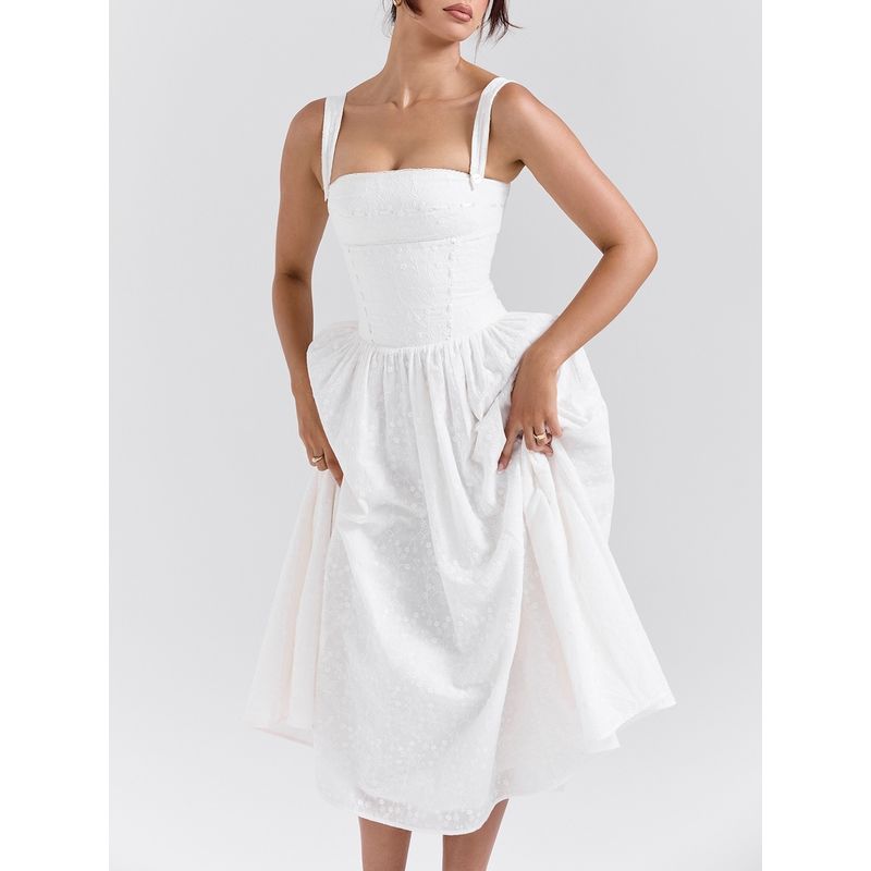 House Same Style Moonlight Dew French Style Pastoral Style Embroidered White Suspender Skirt Waist Hugging Slimming Long Dress