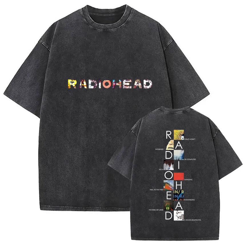 Vintage Washed Radiohead Tour  Print T Shirts Men Women Hip Hop Loose Pop British Rock Short Sleeve Tshirt Punk Streetwear