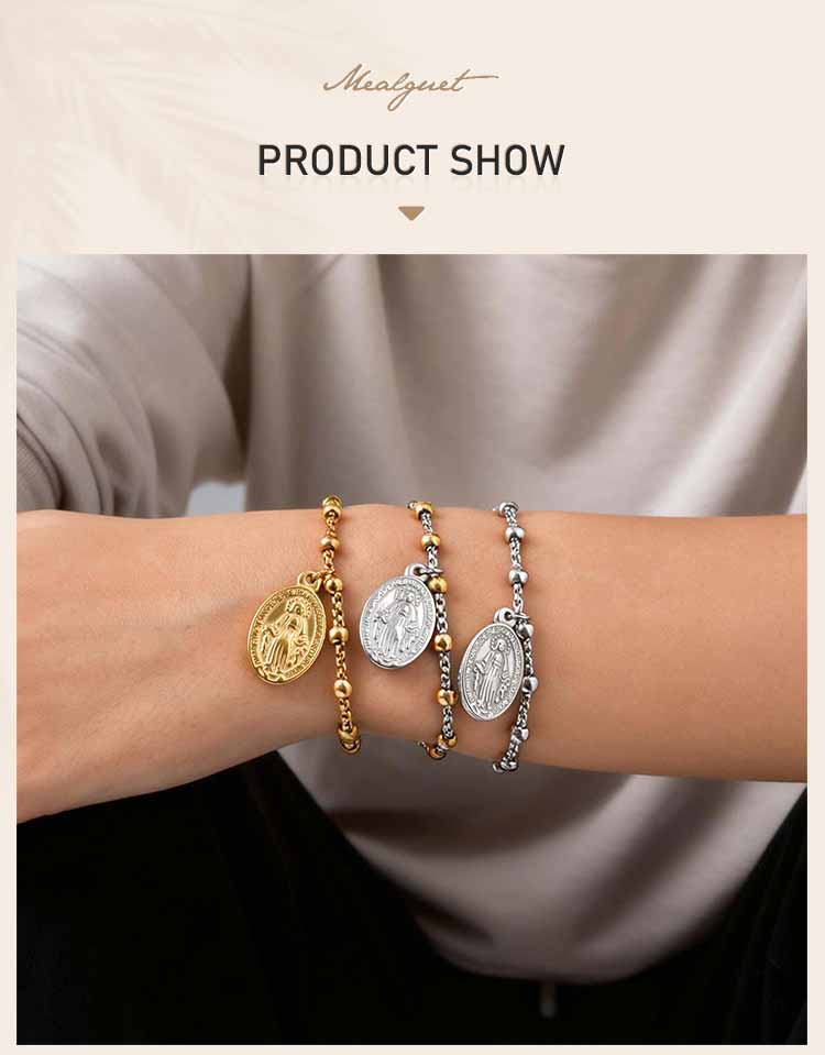 Religious Jesus Cross Rosary Bracelet for Women, Stainless Steel Virgin Mary Charms Bracelets Gold Plated Prayer Jewelry