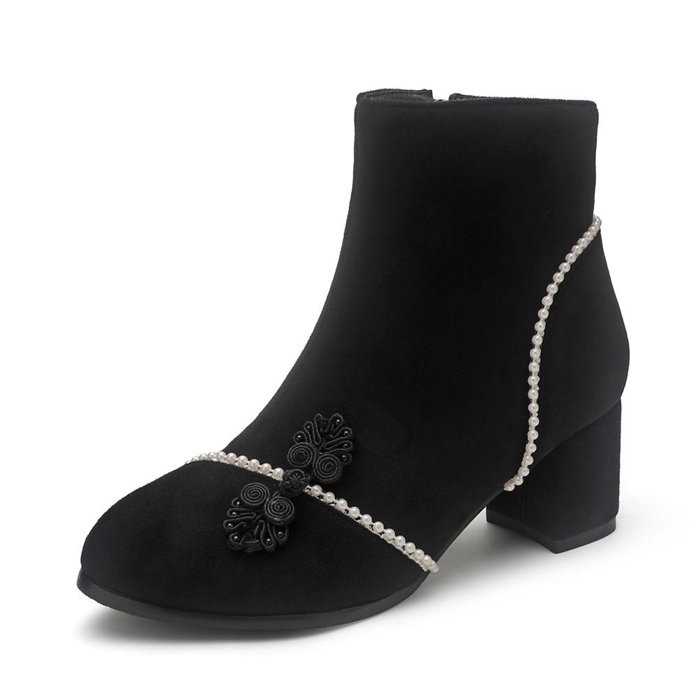 

Мода 2025 Осень Зима Новые Ботильоны Женские Боковая Молния Челси Ботинки Женские Высокий Каблук Декорация из Бусин Свадебная Обувь Красный Черный 34 чёрный