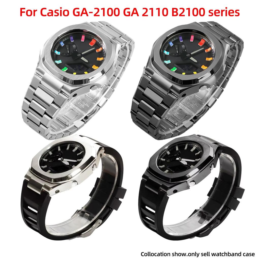 GA-2100 Mod Kit For Casio G-SHOCK GA2100 2110 GA B2100 Watch Men Modified Stainless Steel Case FKM Fluororubber Band Metal Strap