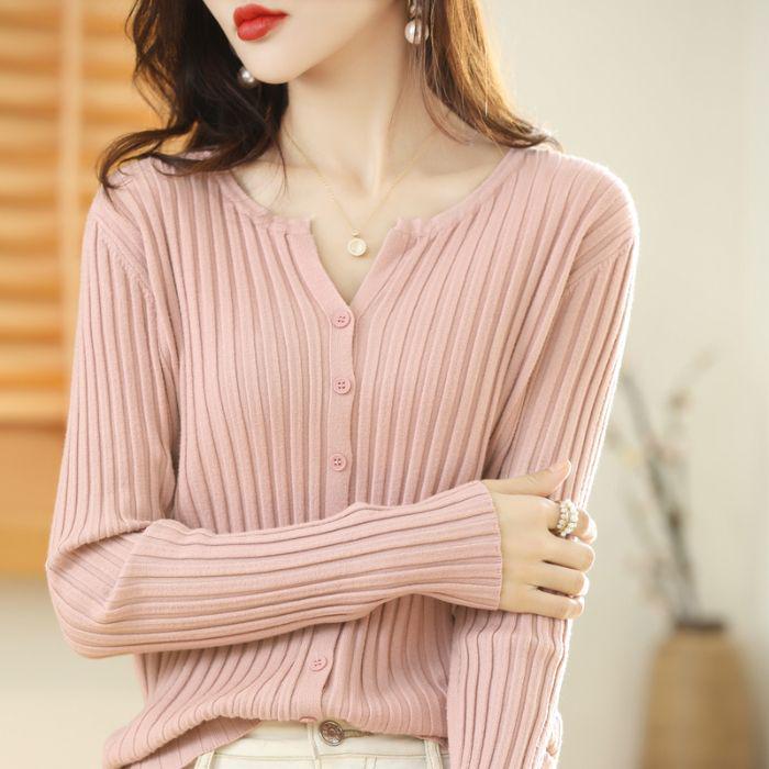 Damski kardigan swetrowy z dekoltem w serek, wyszczuplający, z długim rękawem, na jesień/zimę 2024