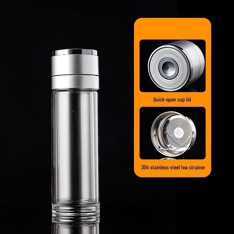 Quick-Open Lid Glass Teacup: Business Car Cup with Tea-Water Separation, Double-Layer High Borosilicate Glass and Printed Design