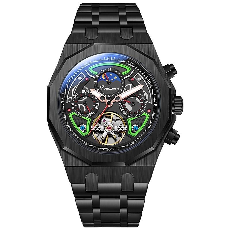 Automatic Men's Mechanical Watch for Sports 30M Water Resistant Stainless Steel Band Moon Phase Fluorescent Pointer Dial