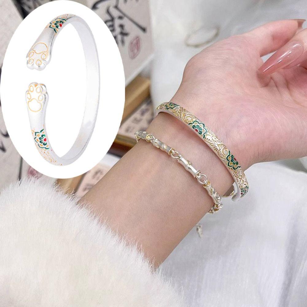 Traditional Enamel Flower Bangle Cat Paw Women's Opening Bracelet  Jewelry Gifts
