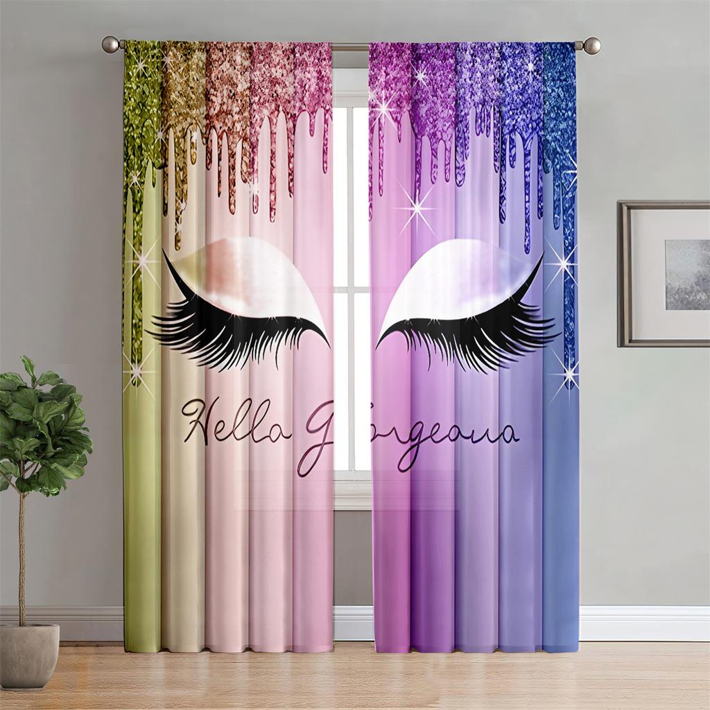 Wimpern Regenbogen Prinzessin Gold Glitzer Frauen Mädchen 2 Stück Lichtfilter Vorhang für Wohnzimmer Schlafzimmer Fenster Deko