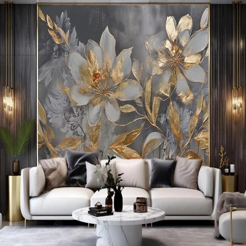 Modern Flower Wallpaper Gold Leaf Flower Mural Living Room Bedroom Wall Mural Home Decor