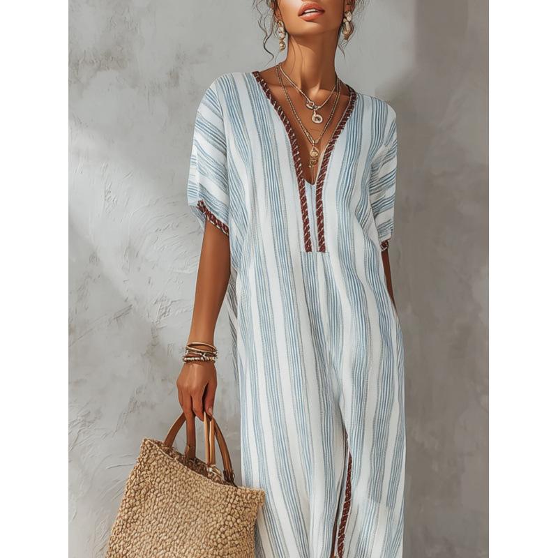 European and American 2026v collar striped holiday style summer new dress long S