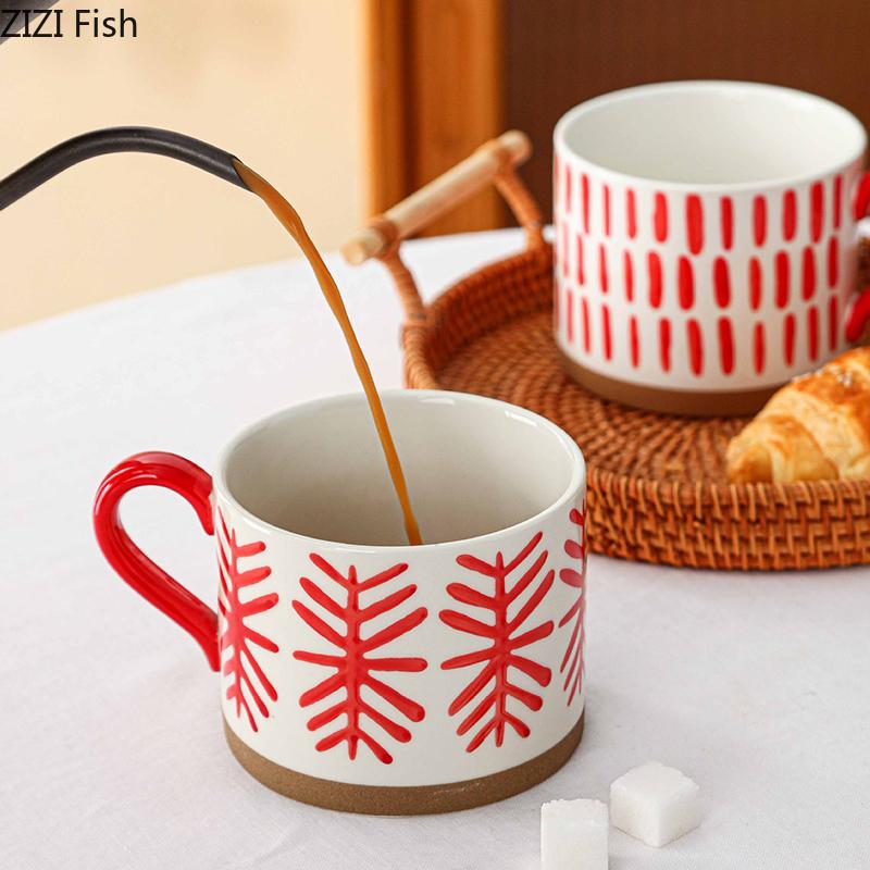 Creative Red Patterned Stacking Cup Porcelain Mugs Tableware Coffee Mug Dining Table Afternoon Tea Teacup Fruits Juice Cup