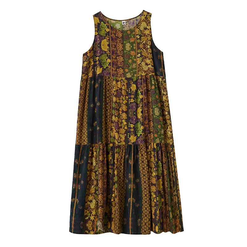 DIMANAF Plus Size Dress Summer Women Vintage Linen Elegant Style Sleeveless Floral Loose New Long Dress 8020