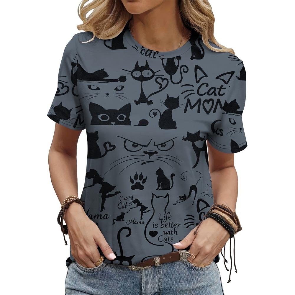 Summer Fashion Short Sleeve Casual Top Loose Women's T Shirt Cute Cat Cow Pattern Printed Woman Clothing Y2k Ladies Clothes Tees