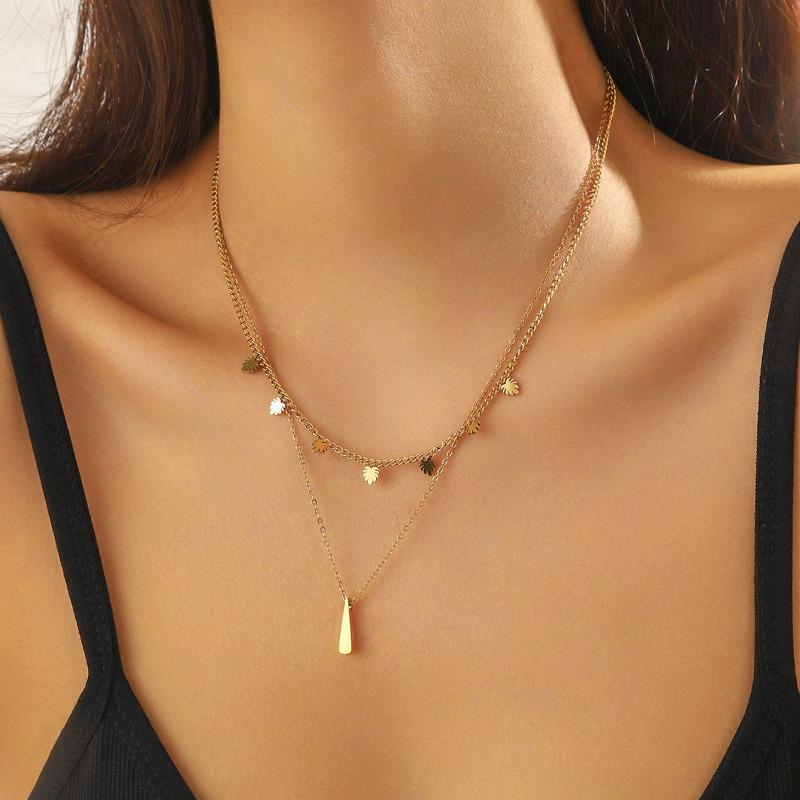 Gold Plated Layered Palm Leaf Necklace, Dainty Double Chain Stick Pendant Charm Choker, Boho Summer Jewelry for Women Gift