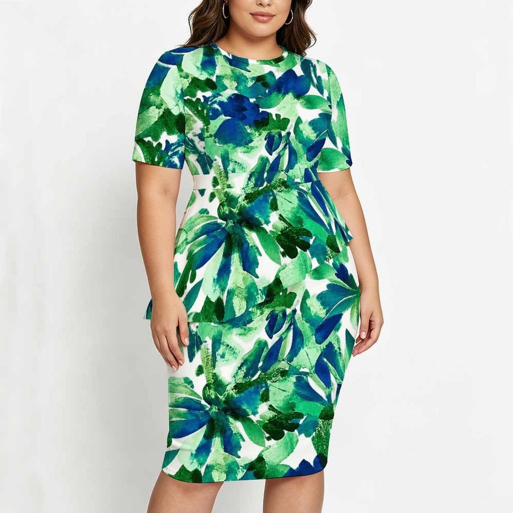 Women Plus Size Round Neck Short Sleeve Tropical Print Asymmetric Top Fitted Skirt Two Piece Set