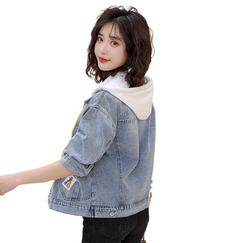 Trendy Women's Spliced Denim Jacket - Spring/Autumn 2025 Korean Loose Fit Short Hooded Style
