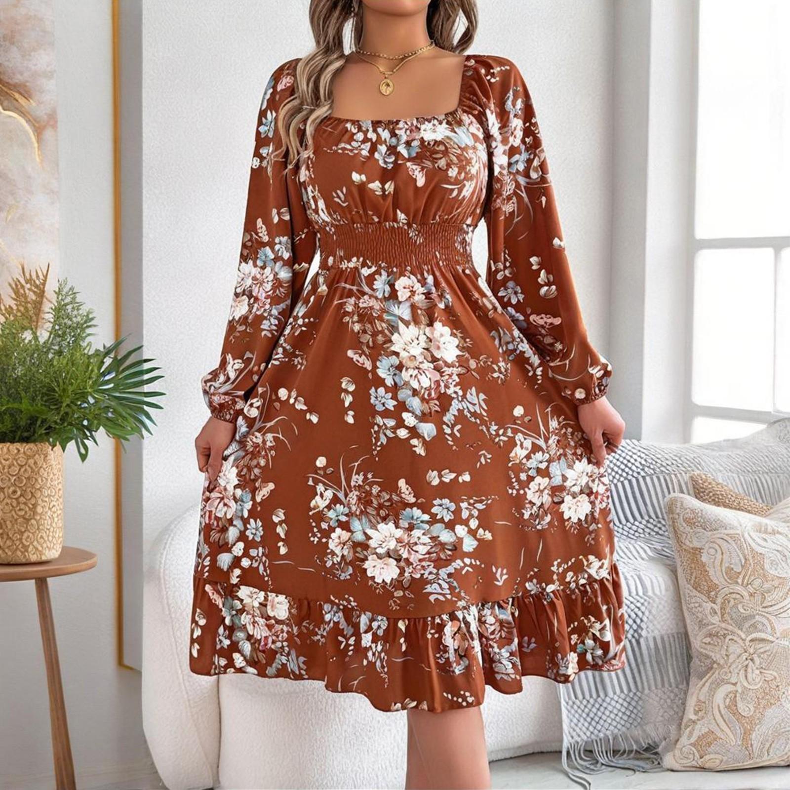

Женское модное повседневное платье с длинным рукавом и квадратным вырезом с цветочной вышивкой, элегантное, темпераментное M коричневый