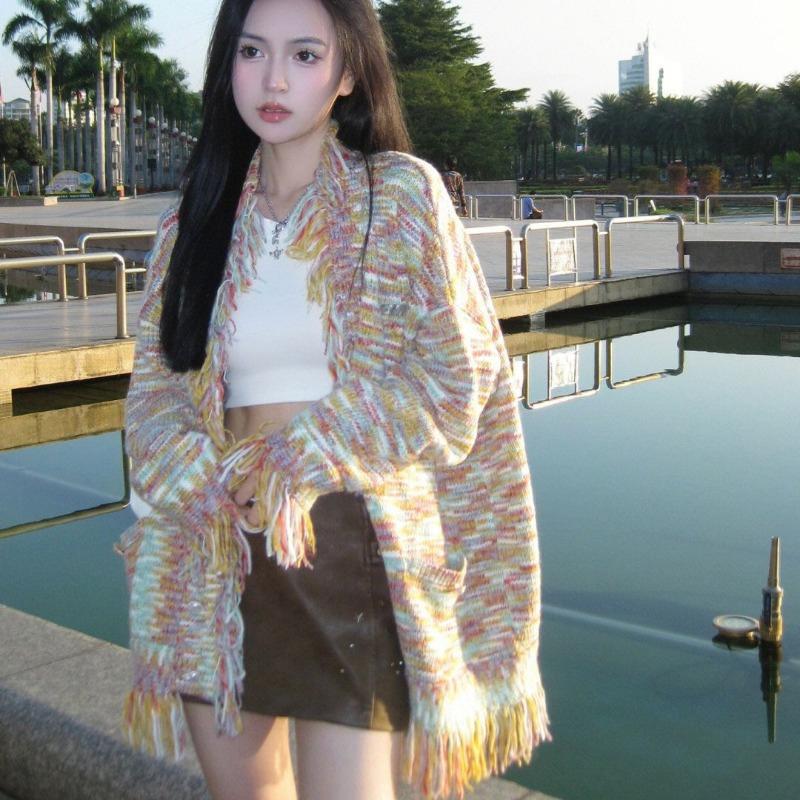 Suéter Cardigan Feminino Outono e Inverno 2023 Design Sentindo Pequeno Colorido Borla Suéter Solto Comprimento Médio Cardigan Feminino