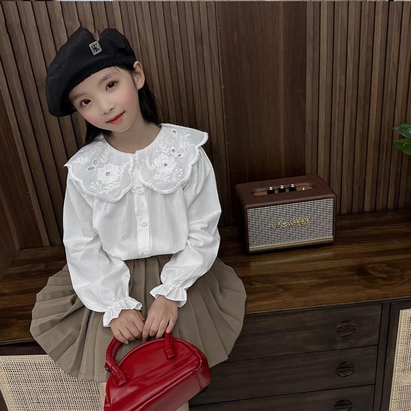 2024 Spring/Autumn Girls' White Cotton Shirt, Turn-Down Collar, Fashionable Student Top
