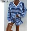Women's Fashion Casual Spring Fall Stripe Print Long Sleeve V-Neck Trousers Pants Suits