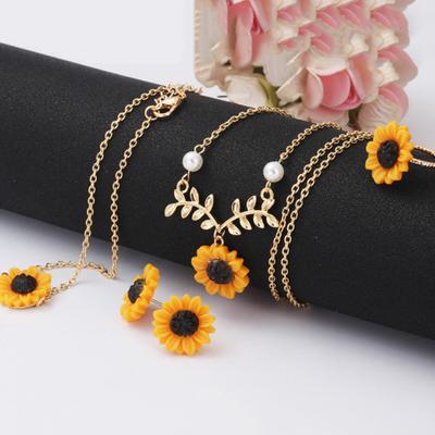 3/5-teiliges Damen-Sonnenblumenblatt-Kunstperlen-Charm-Halsketten-Ohrring-Armband-Ring-Set