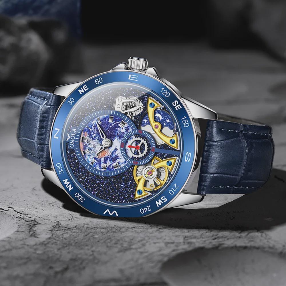 Luxury Double Tourbillon Mechanical Watch Men Business Leather Starry Sky Dial Waterproof Men Automatic Watch