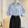 Women's Light Blue V-Neck Loose Shirt 3/4 Sleeve Double Pocket Casual Office Blouses
