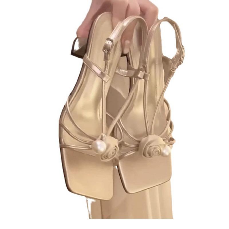 New champagne pearl sandals women's cross-strap hollow shoes summer fairy skirt wear high-heeled sandals