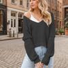Ladies Autumn Winter Long Sleeve V Neck Solid Color  Pullover Knitted Sweater Knitwear Top