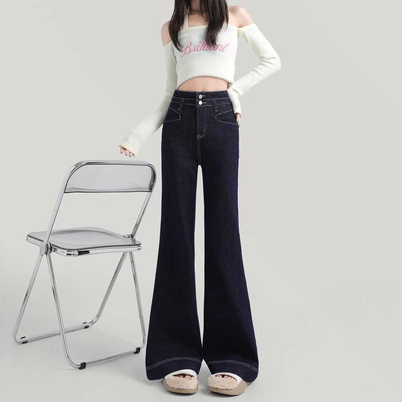

White High-Waisted Micro-Flare Women’s Jeans - Slimming & Loose Fit, Bell Bottom, Wide-Leg for Autumn/Winter 2024 S глубокий/синий
