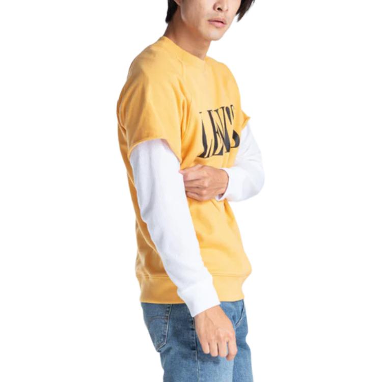 Levis Letter Print Faux Two-Piece Fashion Casual Round Neck Long Sleeve T-Shirt Men Tops Yellow 85540-0000