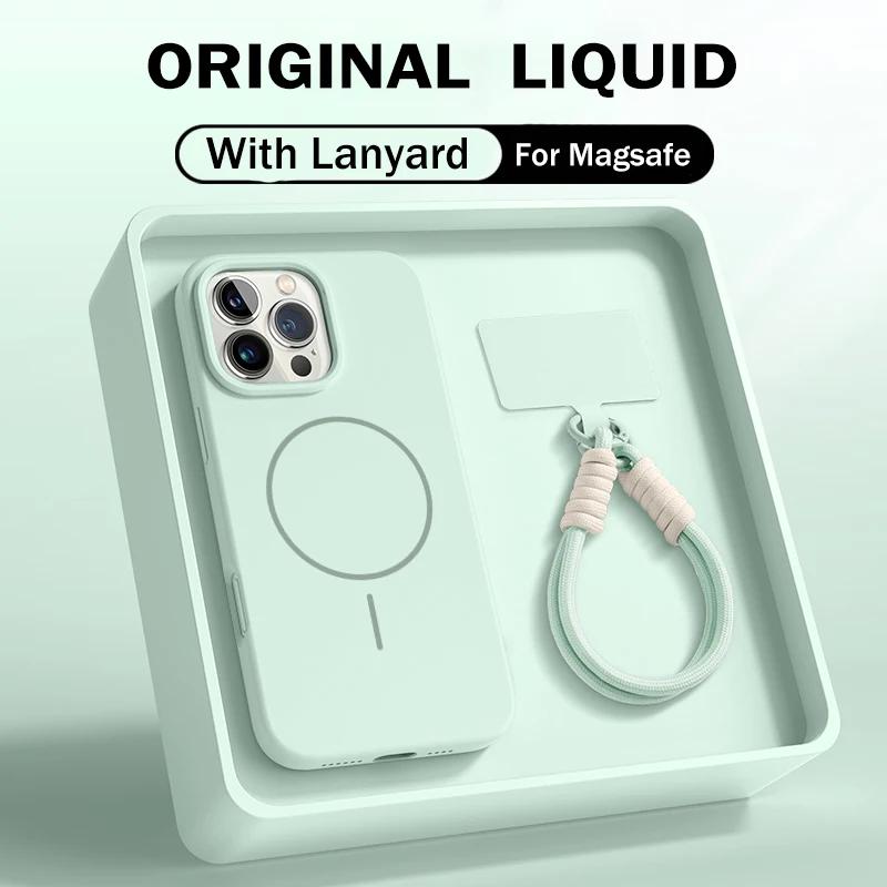 Official Liquid Silicone Lanyard Strap Rope Case For iPhone 17 16E 16 14 15 Plus 12 13 11 Pro Max Magsafe Magneitc Soft Cover