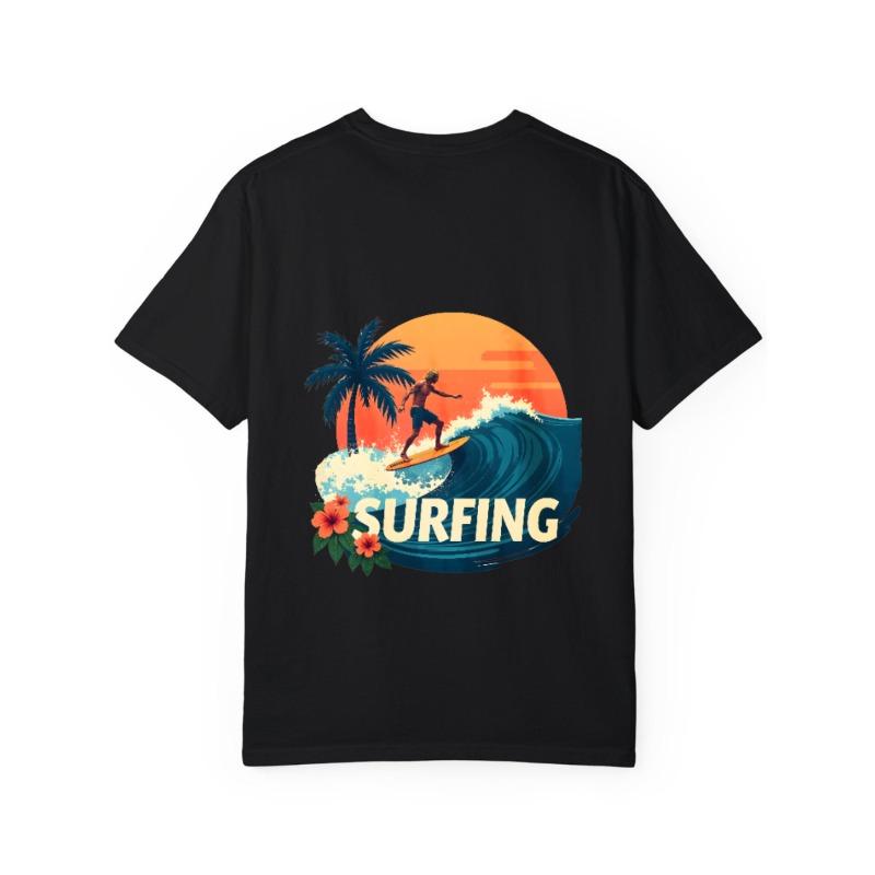Surfing T Shirt White Surfing Wave Palm Tree Sunset and Flowers Print for Beach Vacation Summer Outdoor Activities