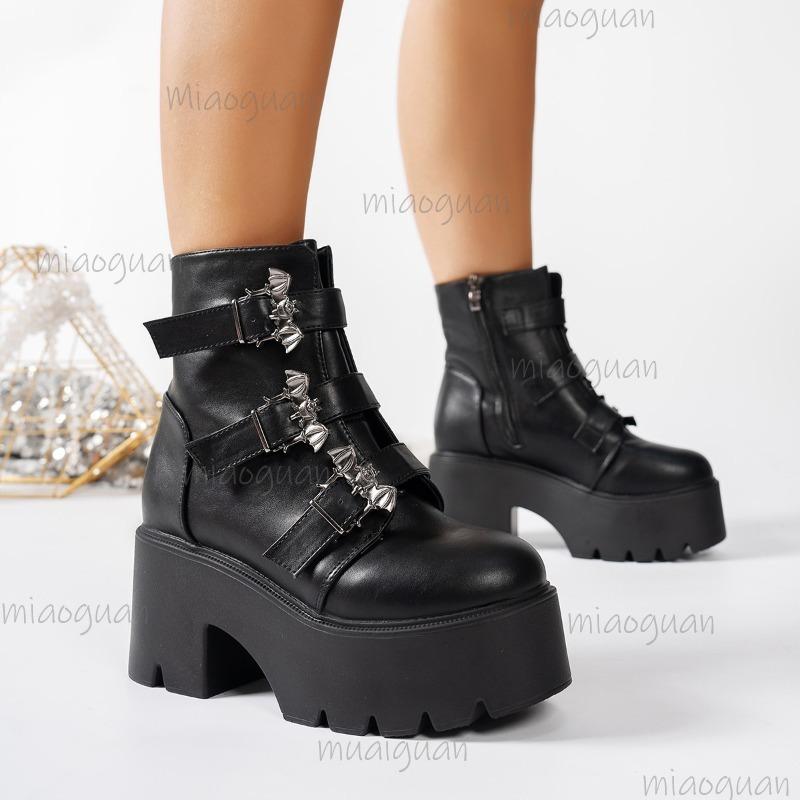 Fashion Women's Platform Goth Fashion Mid Calf Boots Punk Motorcycle Chunky High Heeled Shoes Women Leather Black Bat Buckle Ankle Botas