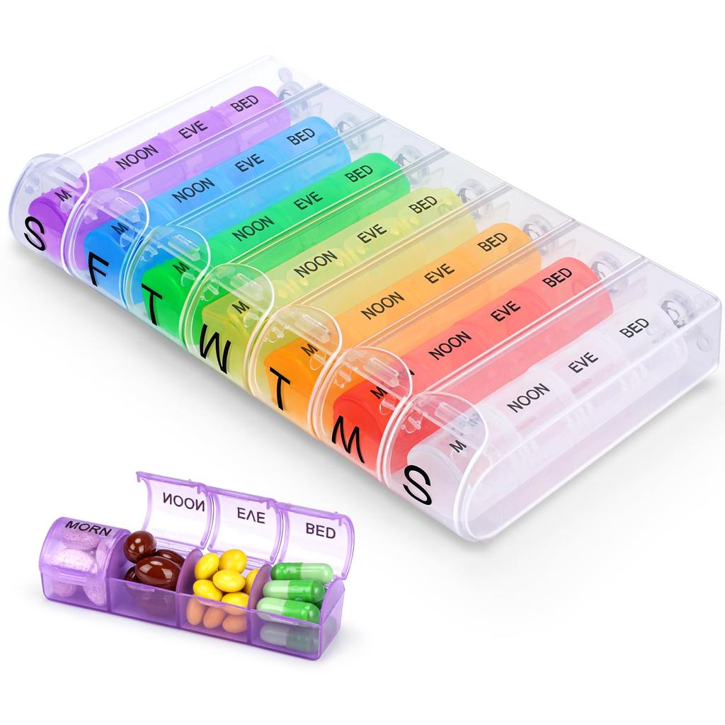 7 Day Pill Box Organiser 4 Times a Day, Weekly Tablet Box Travel Pill Organiser 28 Compartments