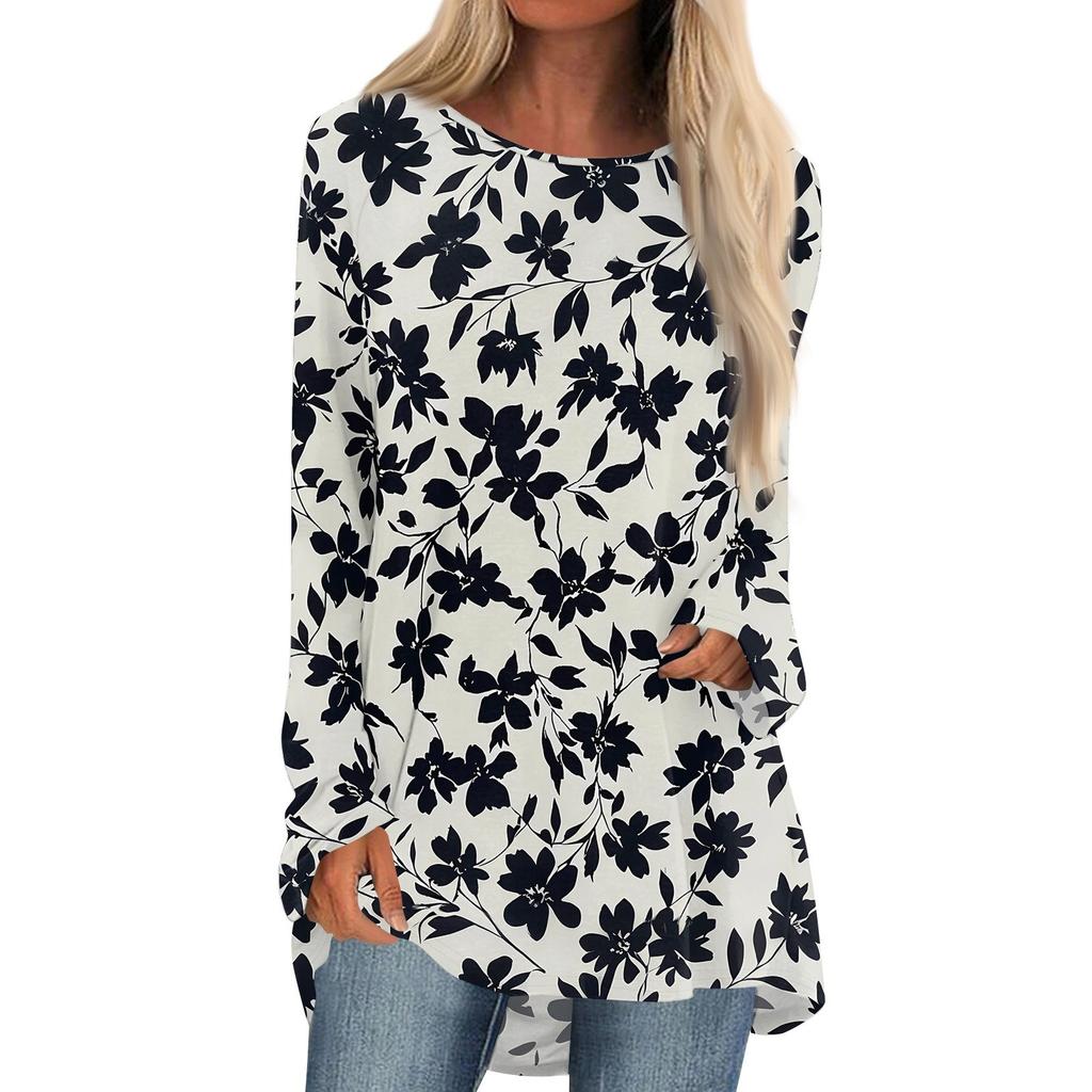 Women's Fashion Casual Long Sleeve Print Round Neck Pullover Top Blouse