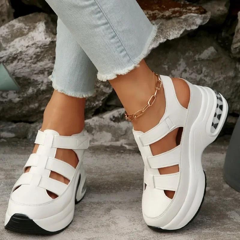 2025 Summer New Closed Toe Women's Sandals Platform Outdoor Hollow Wedges Round Toe Sandal Plus Size Comfortable Casual Sneakers