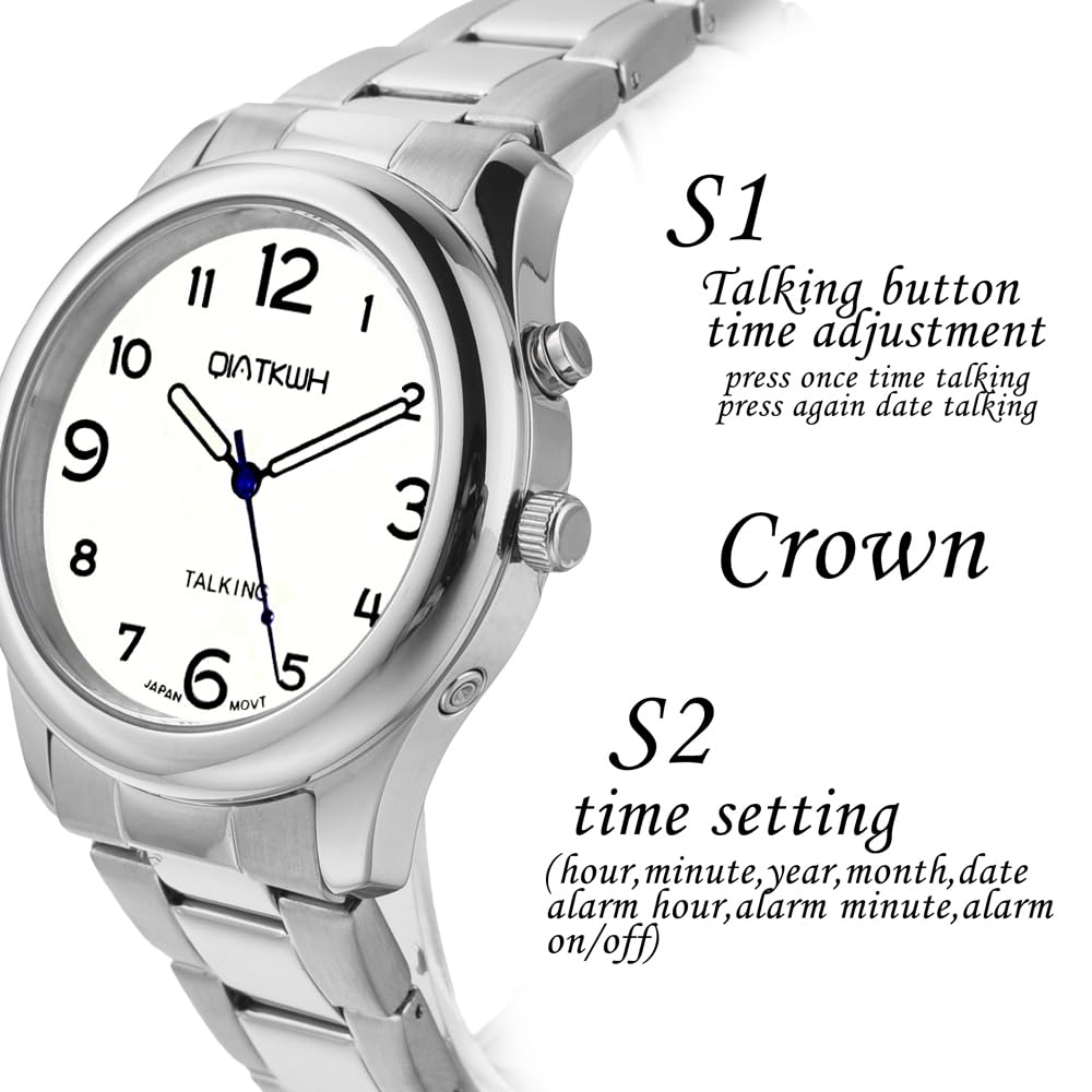 QIATKWH Japanese Conversation Watch, Silver Case, Silver Stainless Steel Strap