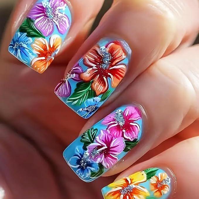 Европейский стиль тропический гибискус цветочные носимые накладные ногти - Модные накладные ногти