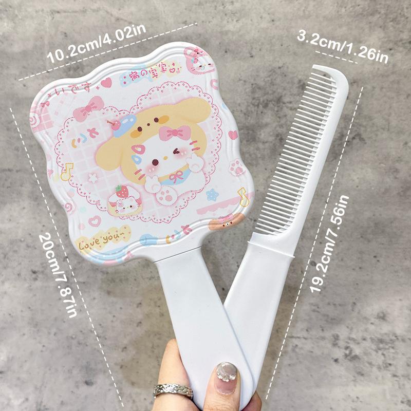 Sanrio Handheld Mirror With Comb Kawaii Hello Kitty Baby Pattern Mirror Comb Extracted Hair Brush Massage Styling Beauty Tool