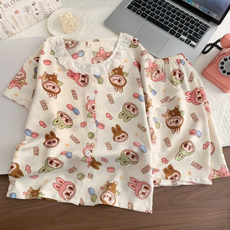 Crayon Shin Chan Hachiware Labubu Kinder-Schlafanzug-Set Aus Blasenbaumwollstoff Für Sommerlichen Komfort