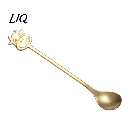 Acid Alkali Resistant Spoon Stainless Steel Coffee Spoon, Long Handle with Bull Head Decor, Pudding Dessert Multifunctional Stirring for Milk