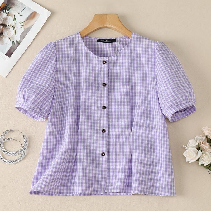 

ZANZEA Women Casual Round Neck Grid Print Summer Short Sleeve Blouse 5XL фіолетовий