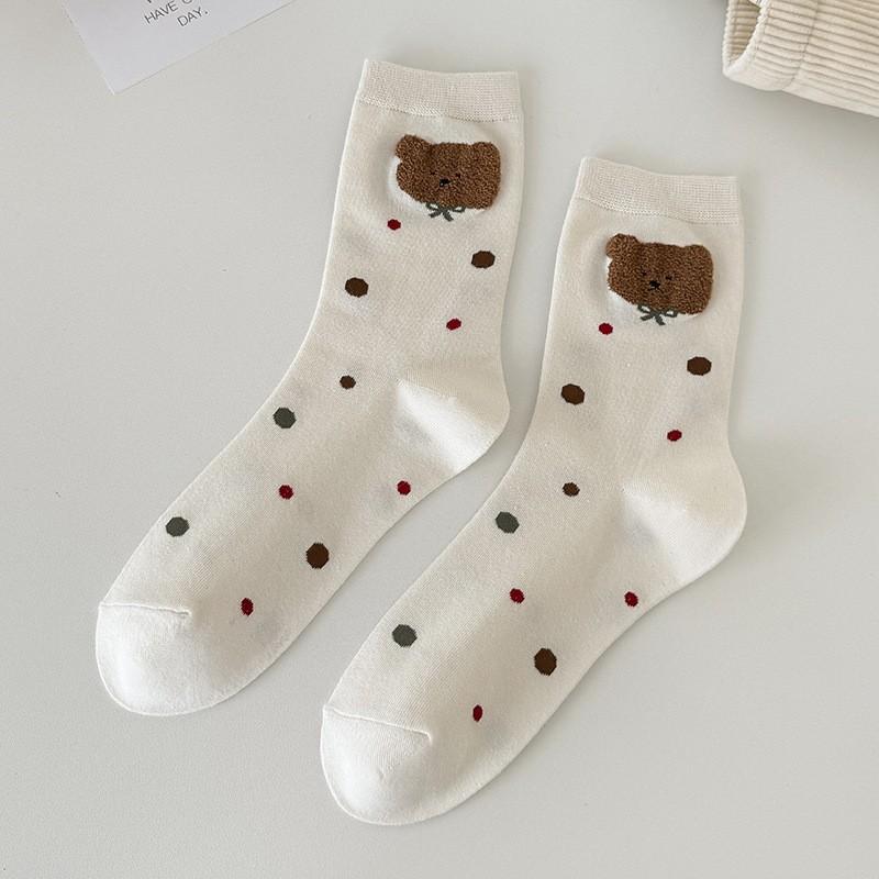 Socks Coffee Color Cute Bear Medium Tube Socks Season College Style Pure Cotton Bow Stacking Socks Women