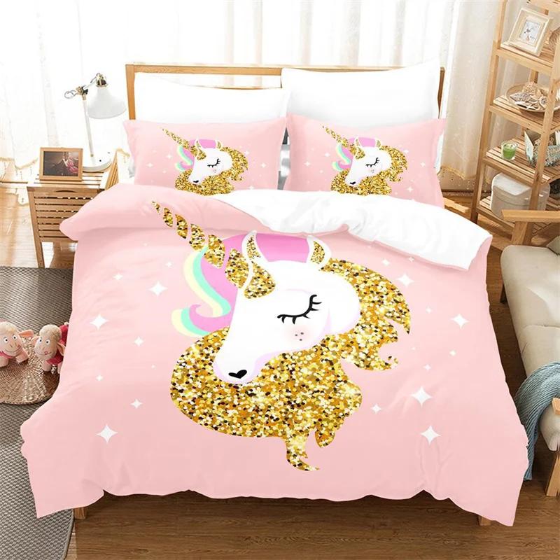 Comforter Girls Unicorn Full King Queen Size Microfiber Eyelashes Floral Comforter 3D Cartoon Bedding Set For Kids Teen
