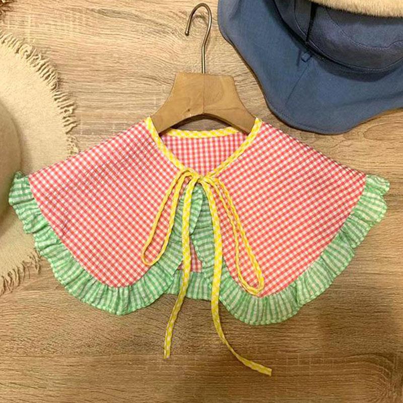 Elegant Plaid Shawl Fake Collar Women Lolita Doll Ruffle False Collar Shoulder Wrap Detachable Tie Clothing Accessories