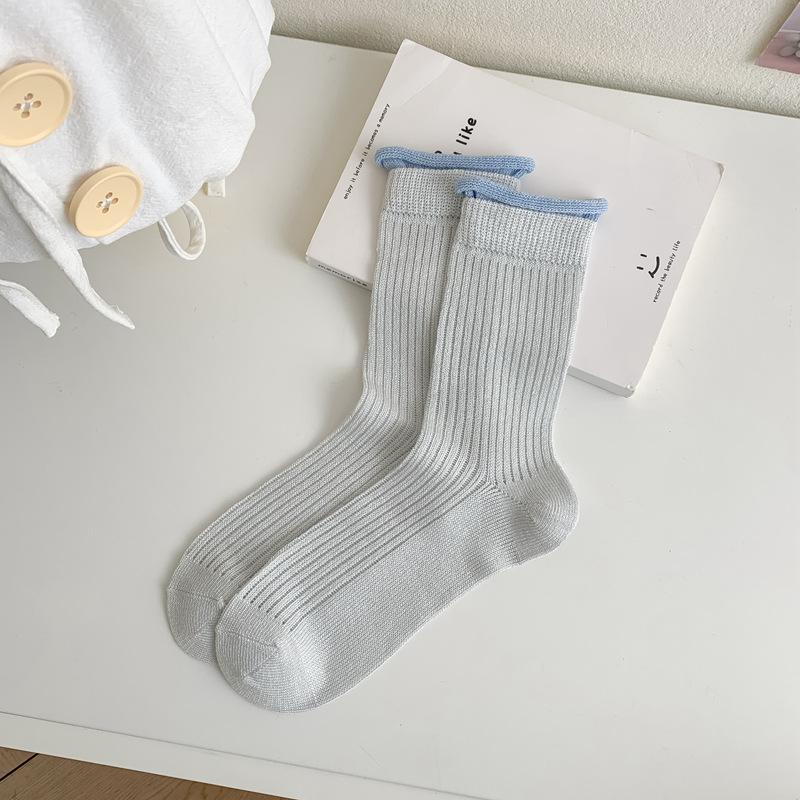 

5pair Drawn Mesh Socks Children S Summer Ultra-Thin Medium Tube Stacking Socks Simple Vertical Striped Double-Breasted Women S Socks One size fits all небесно-голубой
