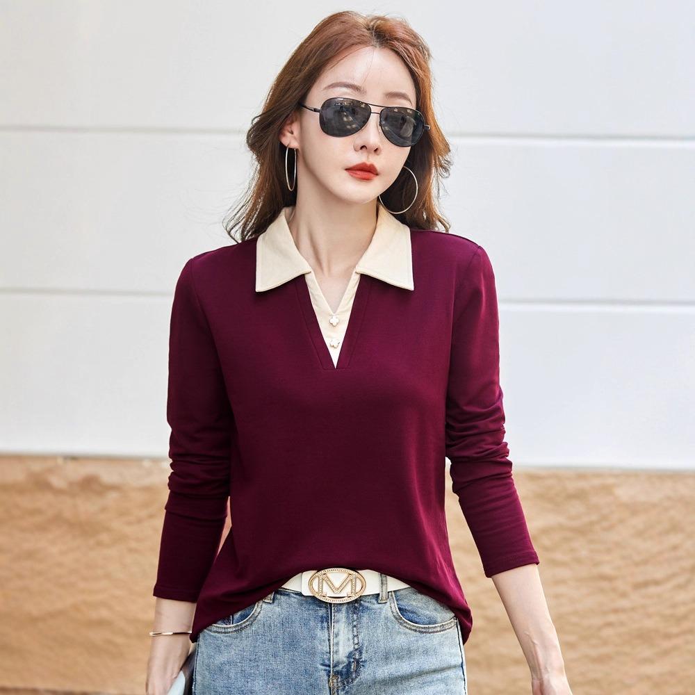 Autumn Winter Women's Long Sleeve T-Shirt Lapel Collar Casual Top